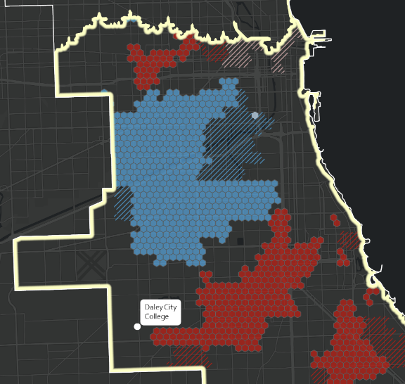Map demonstrating areas in South Chicago where manufacturing jobs are increasing or decreasing, overlayed with areas of significant Hispanic population. Areas around Midway airport are shown as targeted areas to improve the training and apprenticeships pipelines for Hispanic youth into advanced manufacturing jobs.
